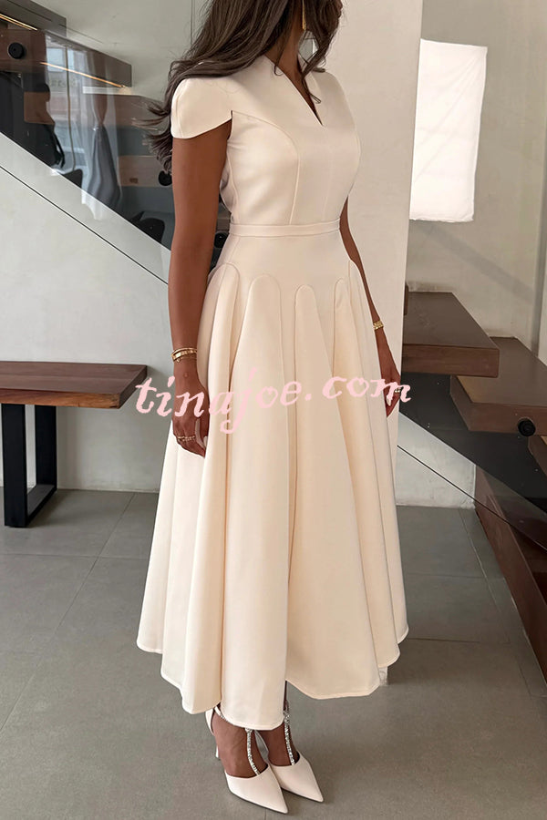 Solid Color V-neck Waist Elegant Full Hem Maxi Dress