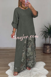 Linen Blend Crew Neck Long Sleeve Irregular Loose Top and Elastic Waist Floral Print Casual Pocket Set