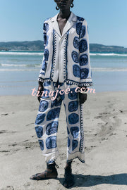 Unique Print Lapel Long Sleeve Shirt and Elastic Waist Wide Leg Pants Set