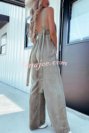 Solid Color Sexy V-neck Open Back Pleated Loose Denim Jumpsuit