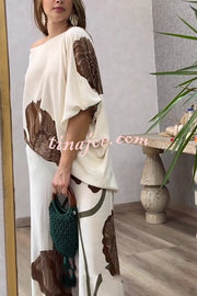 Floral Print Batwing Sleeves Loose-fitting Top and Relaxed Pocket Straight Pants Set