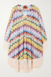 Jiya Knit Colorful Zigzag Pattern Tassle Trim Loose Kaftan Mini Dress