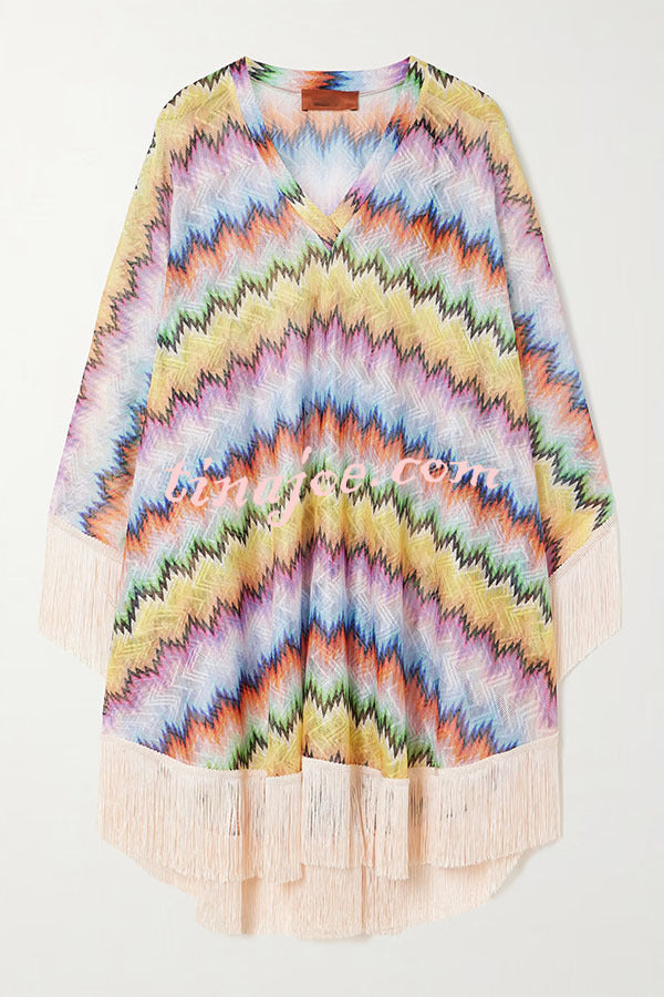 Jiya Knit Colorful Zigzag Pattern Tassle Trim Loose Kaftan Mini Dress