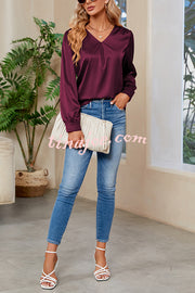 Satin Pleated V-neck Long-sleeved Loose Shirt