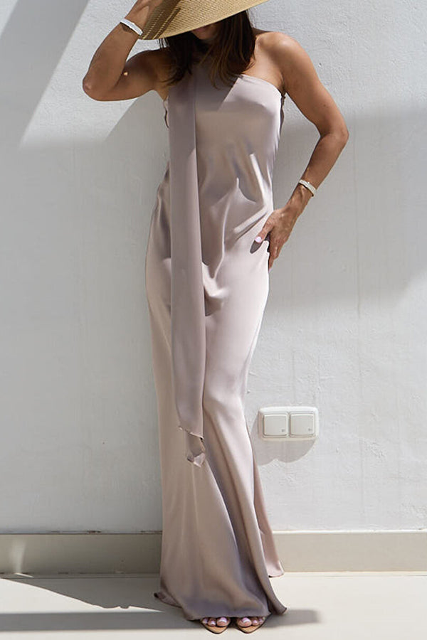 Cheers Babe Satin Solid Color Elegant One Shoulder Tie Maxi Dress