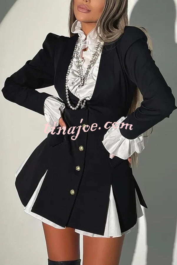 Altair Contrast Ruffled Shirt Patchwork Button Pleated Blazer Mini Dress