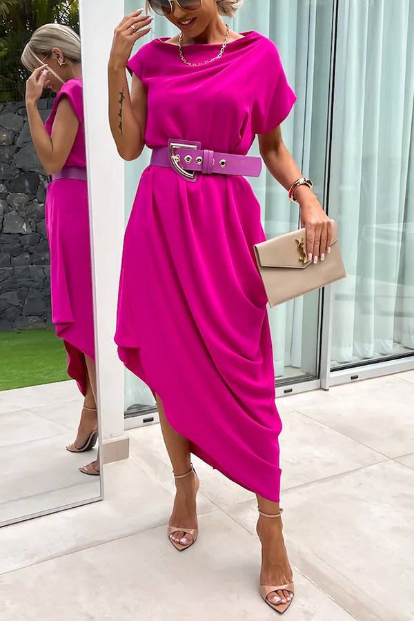 Extraordinary Cut Asymmetrical Short Sleeve Belted Loose Midi Dress