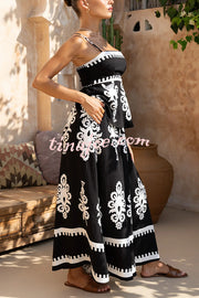 Unique Ethnic Print Suspender Pleated Top and Elastic Waist Loose Wide-leg Pants Set