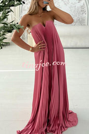 Darling Moment Satin Fabric Off Shoulder V-neck Asymmetric Hem A-line Maxi Dress