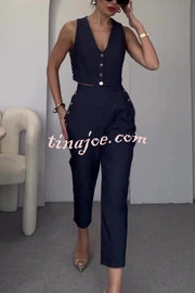 Stylish Button-up Vest and Pocket Straight-leg Pants Set