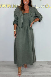 Solid Color Casual Short Jacket and Suspender Pleated Maxi Dress Set