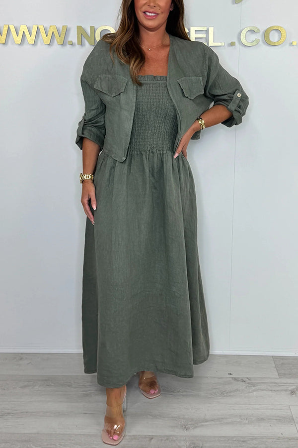 Solid Color Casual Short Jacket and Suspender Pleated Maxi Dress Set