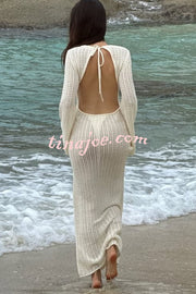 Bahamas Knit Long Bell Sleeve Sexy Backless Holiday Cover-up Maxi Dress