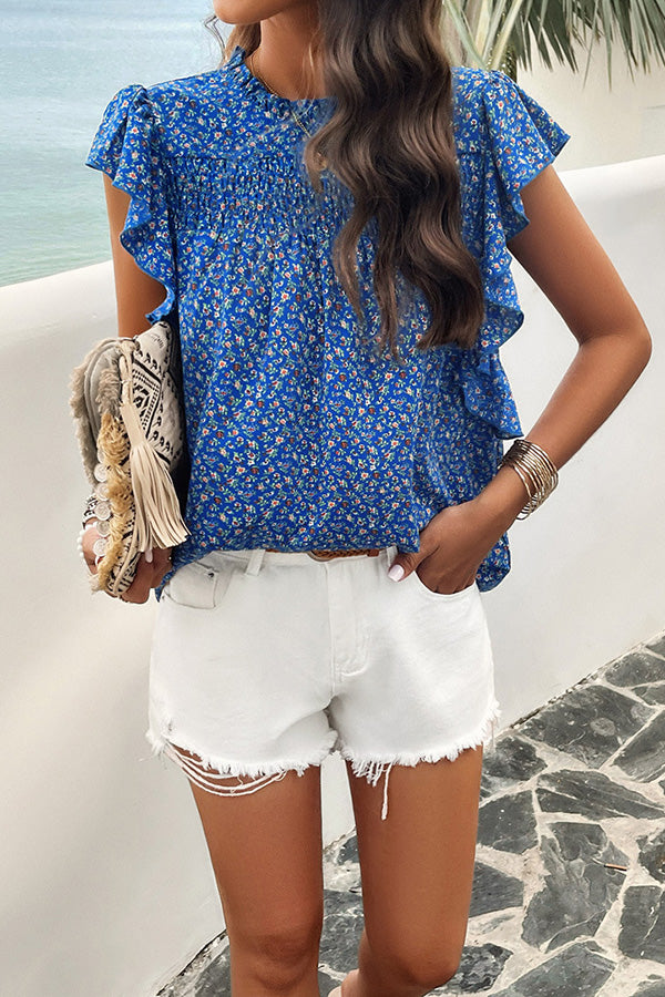 Floral Print Pleated Crew Neck Pullover Top