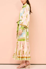 Garden Party Satin Unique Print Balloon Sleeve Belted Shirt Maxi Dress