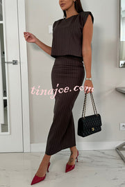 Trendy Business Striped Shoulder Padded Top and Elastic Waist Pencil Slit Skirt Set