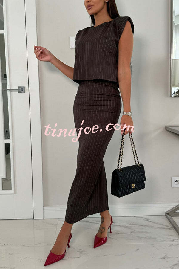 Trendy Business Striped Shoulder Padded Top and Elastic Waist Pencil Slit Skirt Set