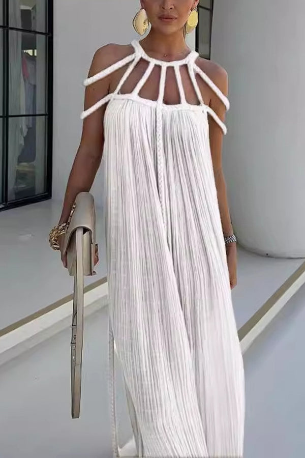 Modern and Sophisticated Linen Blend Draped Braids Cover Up Maxi Dress