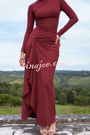 Venus Long Sleeve Ruched Side Slit Drape Ruffles Back Lace-up Stretch Maxi Dress