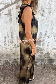 Fashionable Gold-stamped Suspenders Loose Pocket Wide-leg Jumpsuit