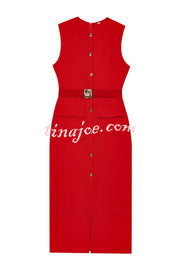 Danina Button Up Sleeveless Metal Belted Pocket Stretch Midi Dress