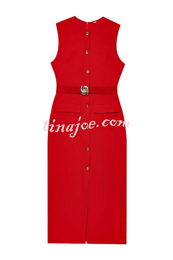 Danina Button Up Sleeveless Metal Belted Pocket Stretch Midi Dress