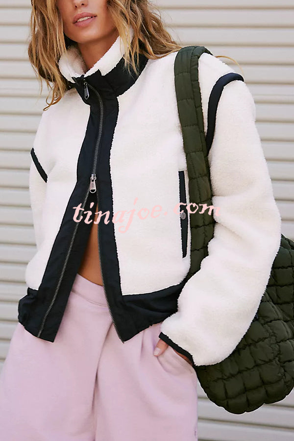 Stylish Patchwork Stand Collar Sherpa Zipper Jacket