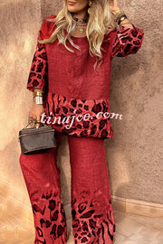 Leopard Print Crew Neck Loose Top and Elastic Waist Casual Wide-leg Pants Set