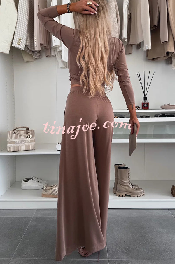 Solid Color Round Neck Long Sleeve Twist Crop Top and Elastic Waist Pocket Wide Leg Pants Set