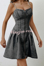 Fashionable Patchwork Suspender Zipper Slim Denim Mini Dress