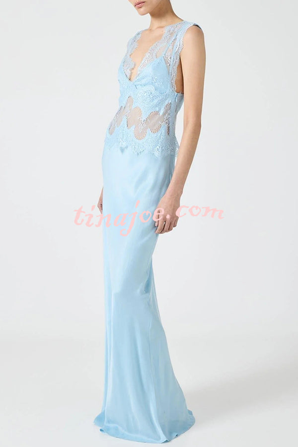 Wonderful Fusion Satin Lace Trim See-through Waist V-neck Drape Maxi Dress