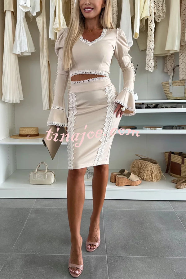Career Beauty Lace Paneled Long Bell Sleeve Crop Top and High Rise Mini Skirt Set