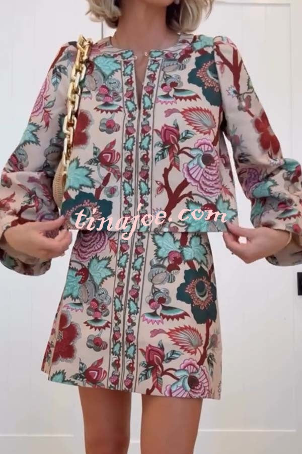 Autumn Garden Printed V-neck Long Bell Sleeve Top and Mid Rise Skirt Set