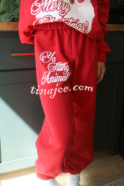 Christmas Santa Print Loose Round Neck Sweatshirt and Elastic Waist Casual Pants Set