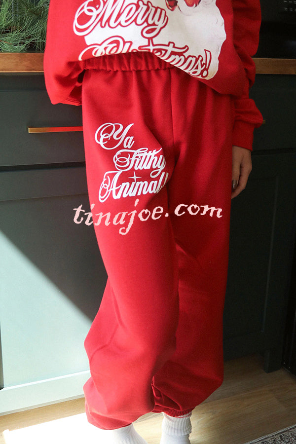 Christmas Santa Print Loose Round Neck Sweatshirt and Elastic Waist Casual Pants Set