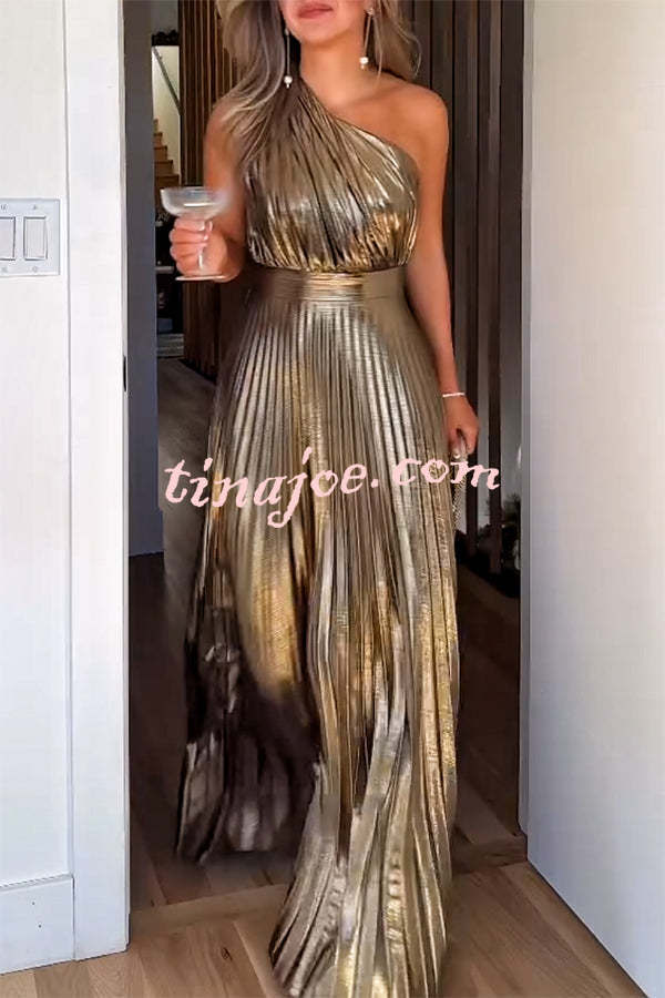 Be My Guest Metallic Fabric Pleated One Shoulder Maxi Dress