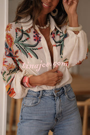 Botanical Print Loose Lapel Long Sleeve Casual Shirt