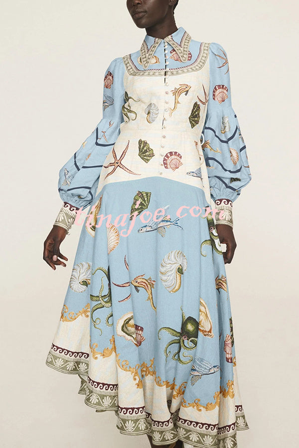 Ocean Print Lapel Button Waist Tie Resort Maxi Dress