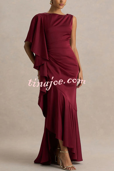 Freya Satin Boat Neck Waterfall Frill Sleeve Drape Maxi Dress