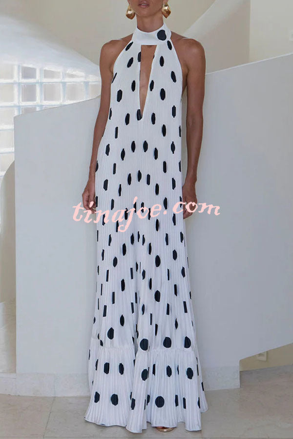 Really Special Pleated Polka Dot Print High Halter Neck A-line Maxi Dress