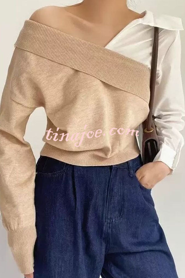 Stylish Patchwork Contrasting Long-sleeved V-neck Casual Sweater