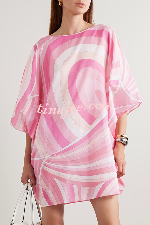 1970s Inspired Chiffon Unique Print Half Sleeve Kaftan Loose Mini Dress