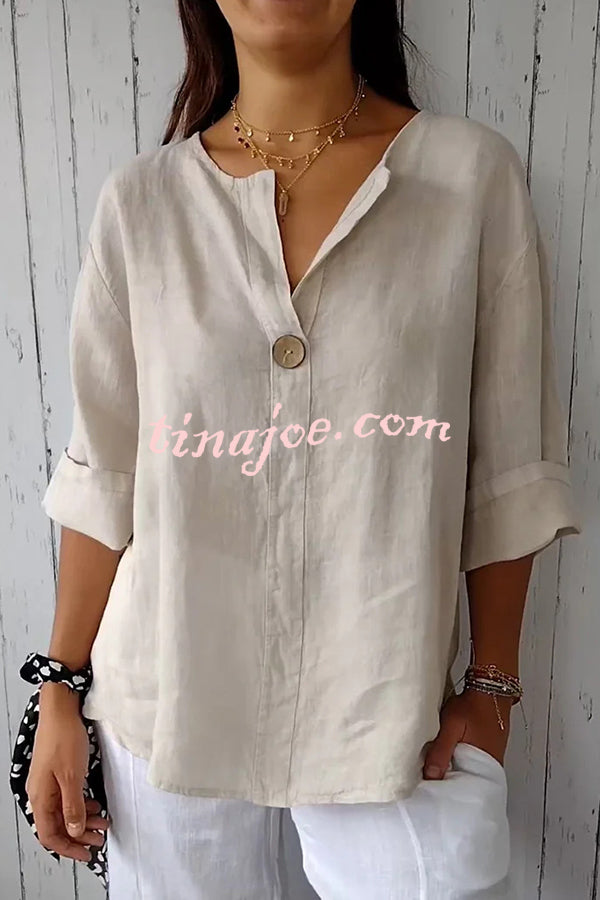 Solid Color Casual Button V-neck Loose Top