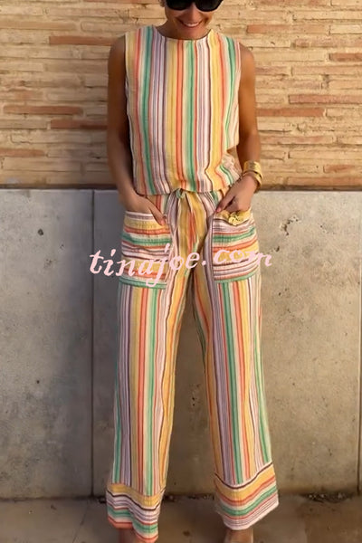 Tylah Linen Blend Colorful Striped Back Button Vest and Elastic Waist Pocket Loose Pants Set