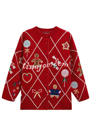 Argyle Candy Gingerbread Man Embroidered Button-knit Cardigan