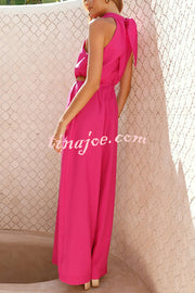 Solid Color Resort Style Halter Neck Waist Pocket Wide Leg Jumpsuit