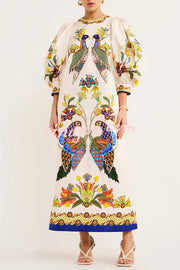 Garden Party Unique Heaven Bird Print Puff Sleeve Pocketed Loose Midi Dress