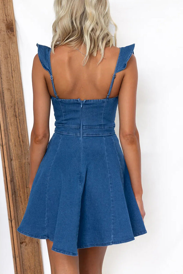 Sweet Secret Denim Square Neck Ruffle Sleeve Stretch Mini Dress