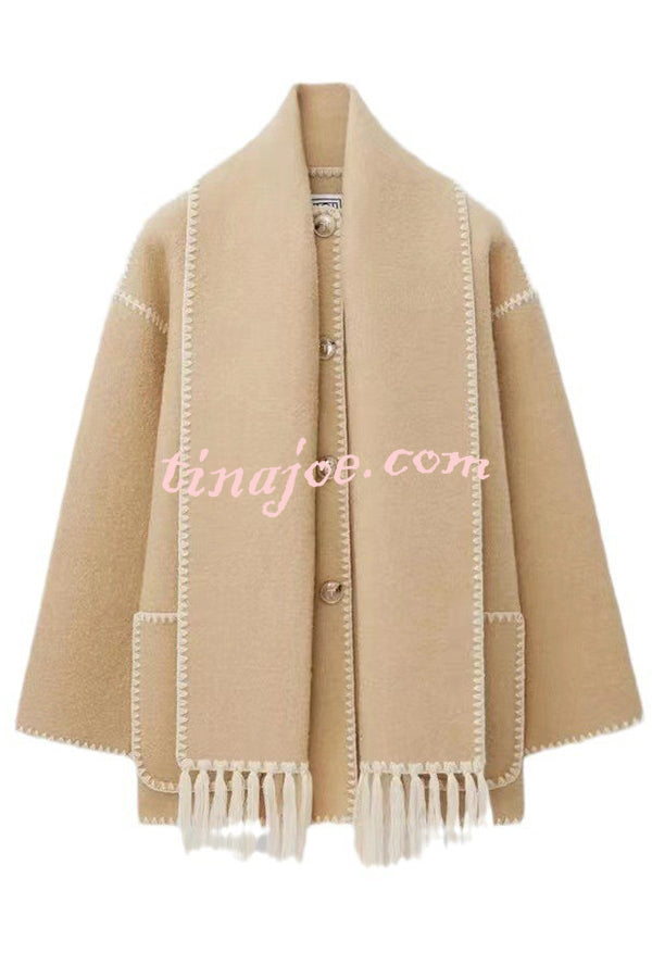 Stylish Loose Pocket Long Sleeve Coat and Warm Fringed Scarf