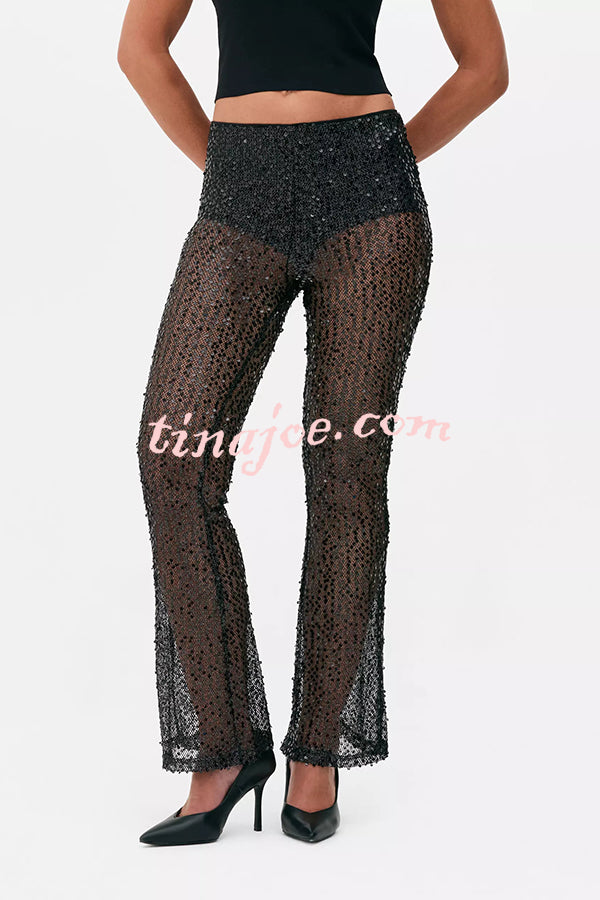 Gorgeous Looks Semi Sheer Sequin Elastic Waist Flare Pants